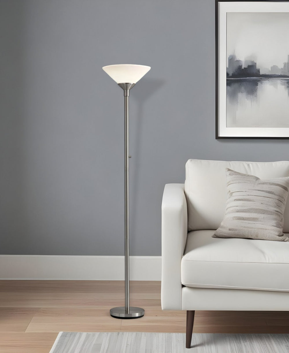 HomeRoots 73" Silver Torchiere Floor Lamp - Modern Design with White Cone Shade for Warm Ambient Lighting Brushed steel 372810