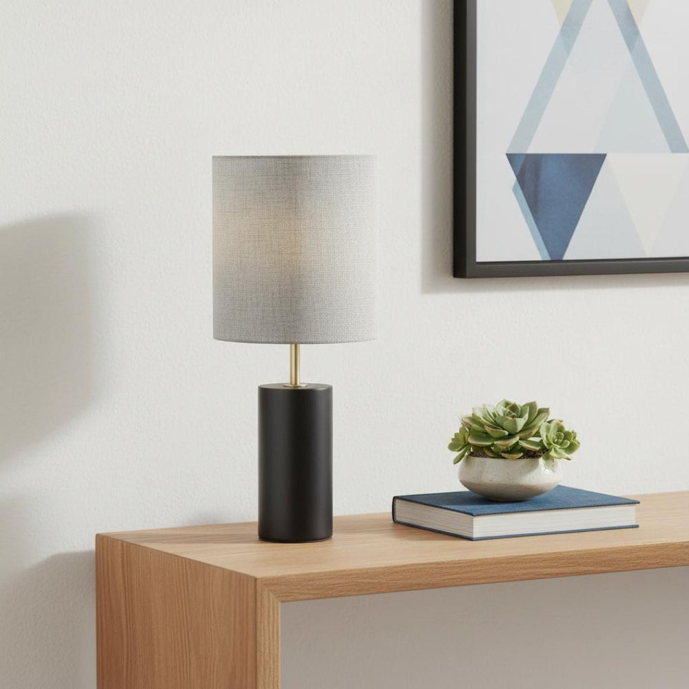 HomeRoots Black Poplar Wood Circular Block Table Lamp with Antique Brass Accents for Elegant Room Lighting Black 372828