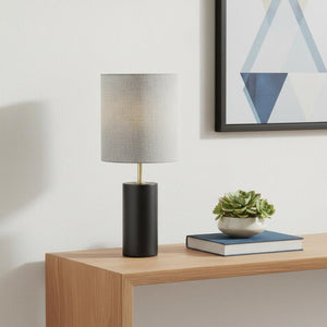 HomeRoots Black Poplar Wood Circular Block Table Lamp with Antique Brass Accents for Elegant Room Lighting Black 372828