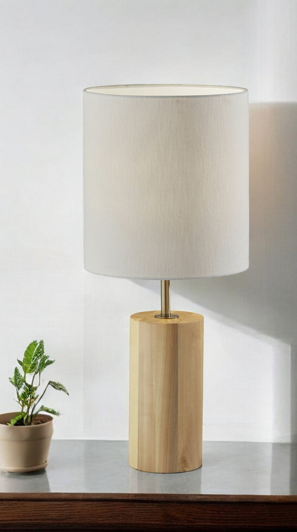 HomeRoots Black Poplar Wood Circular Block Table Lamp with Antique Brass Accents for Elegant Room Lighting Natural 372829