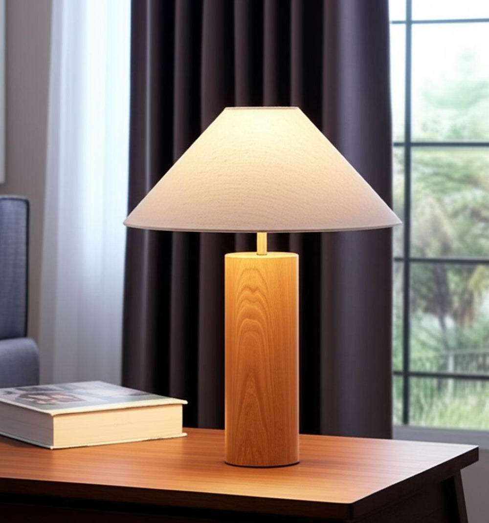 HomeRoots 26" Solid Wood Cylinder Table Lamp with White Cone Shade – Mid-Century Modern Accent for Any Space Natural 372832