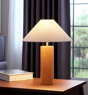 HomeRoots 26" Solid Wood Cylinder Table Lamp with White Cone Shade – Mid-Century Modern Accent for Any Space Natural 372832
