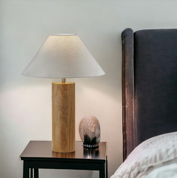 Homeroots 26" Natural Solid Wood Cylinder Table Lamp With White Cone Shade Natural  372832