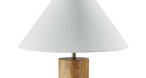 HomeRoots 26" Solid Wood Cylinder Table Lamp with White Cone Shade – Mid-Century Modern Accent for Any Space Natural 372832