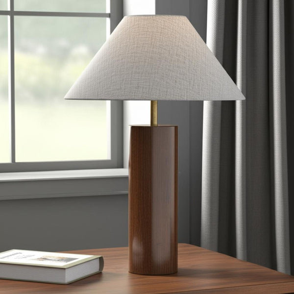 HomeRoots 26" Solid Wood Cylinder Table Lamp with White Cone Shade – Mid-Century Modern Accent for Any Space Walnut 372833