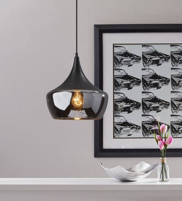 Homeroots Gnome Smoked Glass Black Metal Pendant Lamp Black Metal 372852