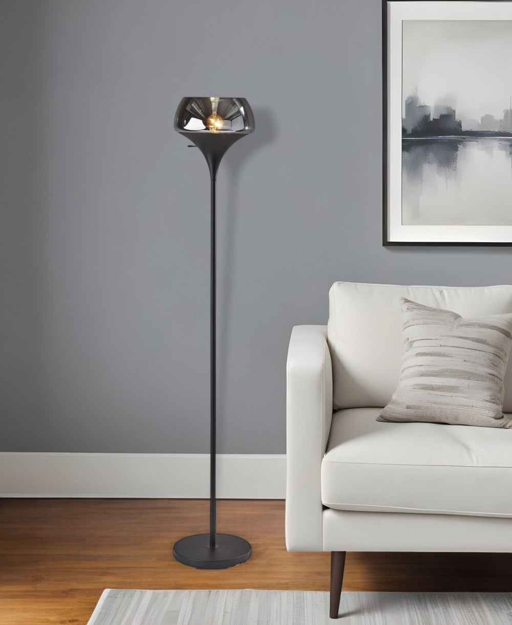 HomeRoots 70" Contemporary Floor Lamp with Smoked Glass Shade for Cozy Illumination and Modern Décor Black 372858