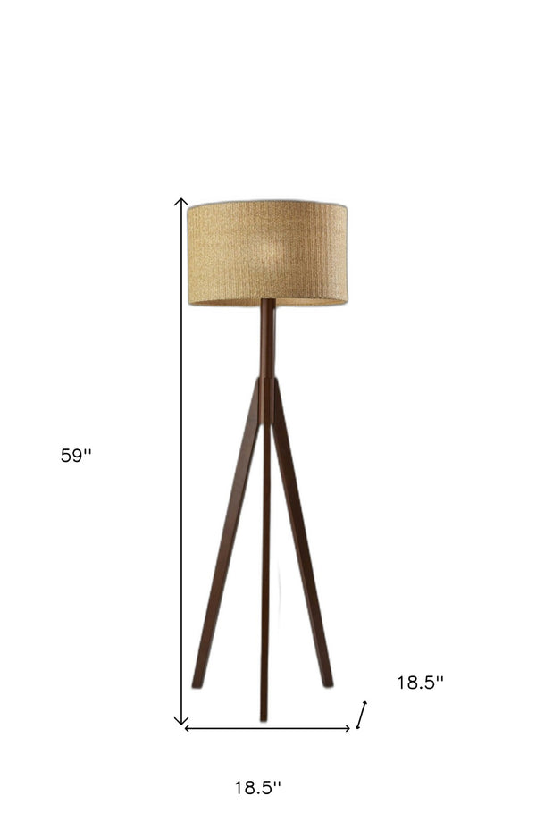 Homeroots 59" Tripod Floor Lamp With Warm Brown Drum Shade - Stylish Rattan Design For Modern Home Décor Walnut Metal 372867