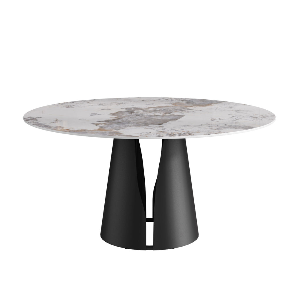 English Elm 59.05"Modern Round Dining Table With Durable Sintered Stone Top & Black Steel Base For 6-8 People W1535S00442