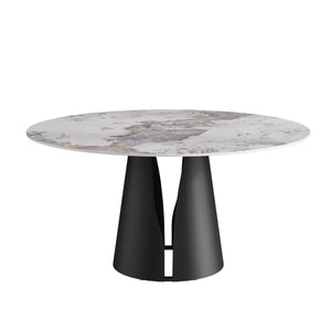 English Elm 59.05"Modern Round Dining Table With Durable Sintered Stone Top & Black Steel Base For 6-8 People W1535S00442
