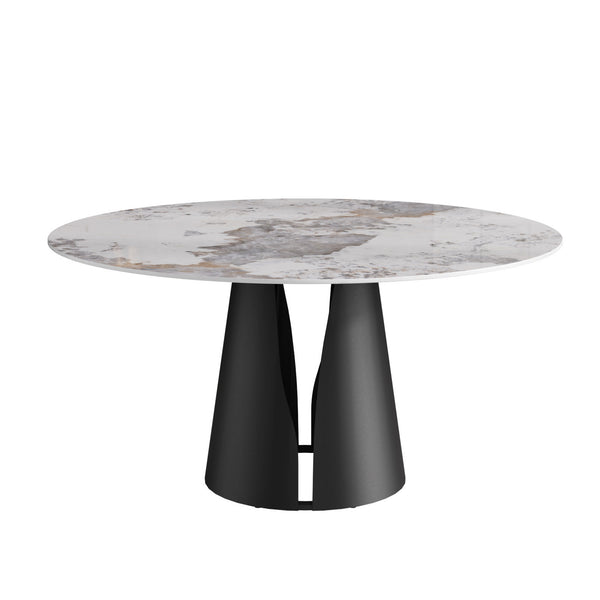 English Elm 59.05"Modern Round Dining Table With Durable Sintered Stone Top & Black Steel Base For 6-8 People W1535S00442