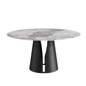 English Elm 59.05" Round Sintered Stone Dining Table with Lazy Susan Iron Base Seats 8 W1535S00639