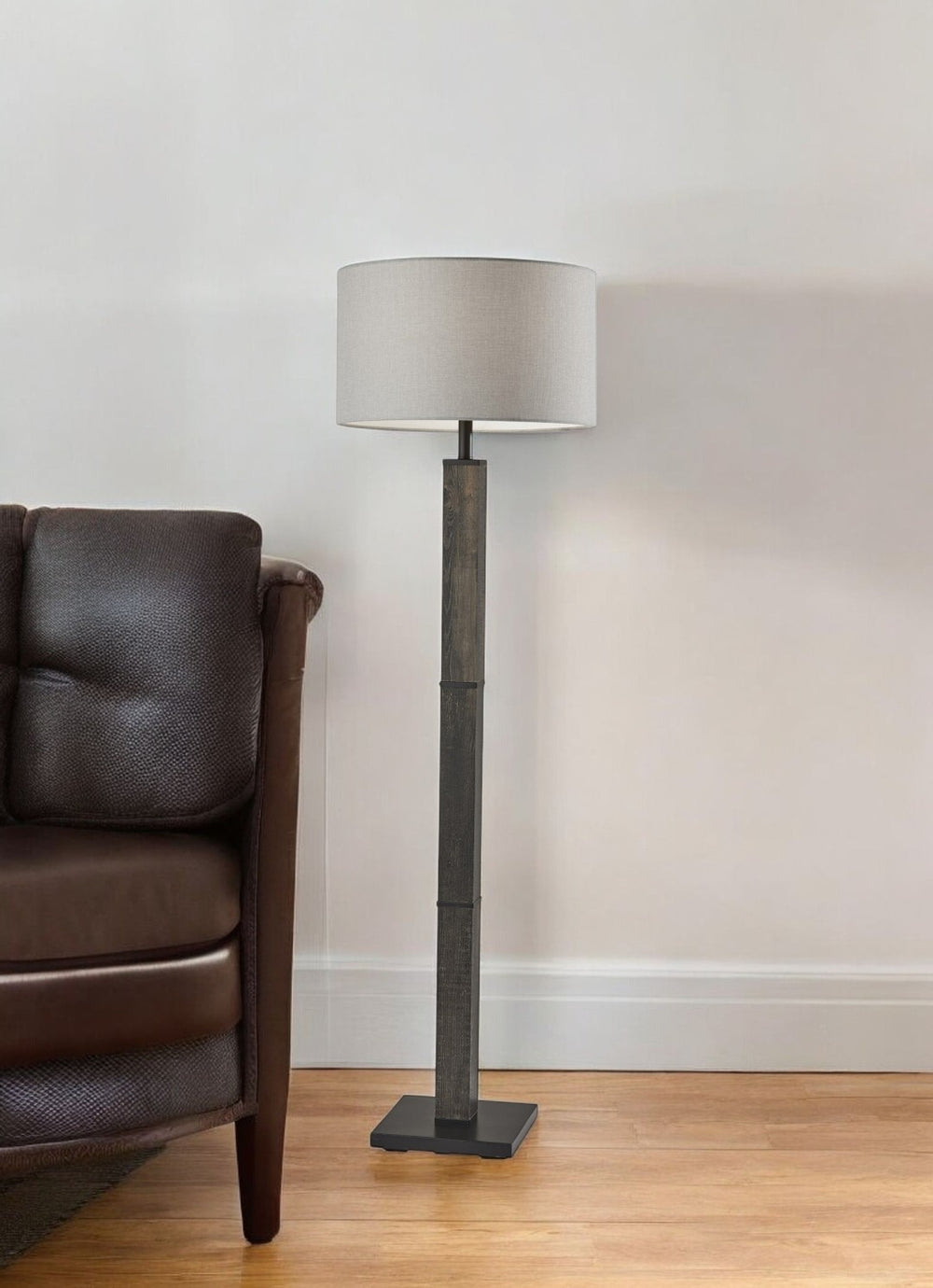 HomeRoots 62" Wood and Metal Floor Lamp with Light Gray Fabric Shade for Inviting Rustic Home Illumination Black 372870