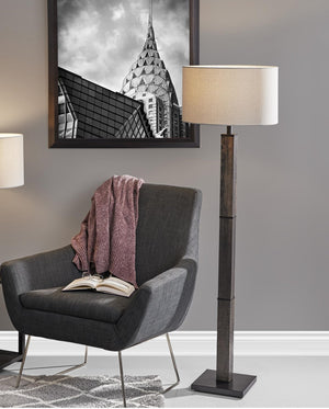 HomeRoots 62" Wood and Metal Floor Lamp with Light Gray Fabric Shade for Inviting Rustic Home Illumination Black 372870