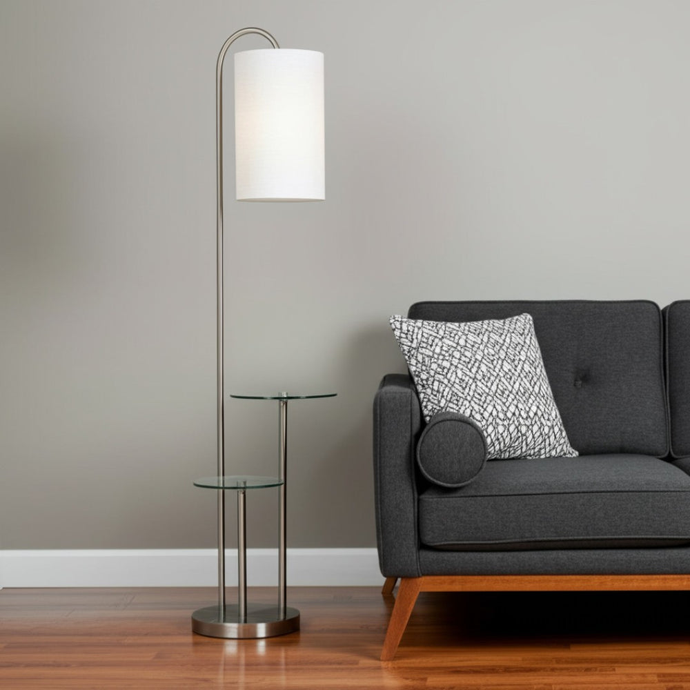 HomeRoots 66" Modern Silver Tray Table Floor Lamp with Drum Shade - Stylish Dual Function for Small Spaces 372886