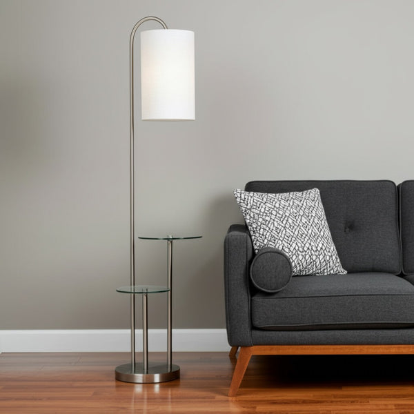 HomeRoots 66" Modern Silver Tray Table Floor Lamp with Drum Shade - Stylish Dual Function for Small Spaces 372886