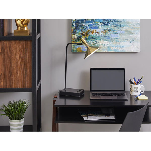 Homeroots 22" Black Metal Led Desk Table Lamp With Usb And Antiqued Brass Cone Shade   372887