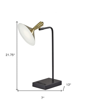Homeroots 22" Black Metal Led Desk Table Lamp With Usb And Antiqued Brass Cone Shade   372887