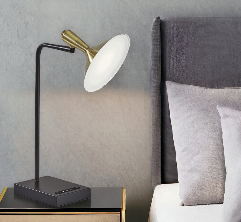 Homeroots 22" Black Metal Led Desk Table Lamp With Usb And Antiqued Brass Cone Shade   372887