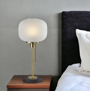 Homeroots 22" Antiqued Brass Table Lamp With White Ribbed Frosted Glass Dome Shade   372891