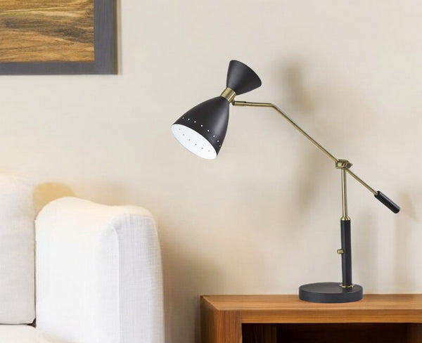 HomeRoots 32" Black and Gold Metal Desk Lamp - Adjustable Mid-Century Cone Shade for Stylish Task Lighting 372896