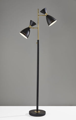 HomeRoots 68" Black and Gold Mid-Century Two-Light Task Floor Lamp - Stylish Cone Shade for Modern Spaces 372899