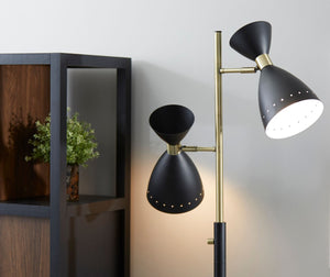 HomeRoots 68" Black and Gold Mid-Century Two-Light Task Floor Lamp - Stylish Cone Shade for Modern Spaces 372899
