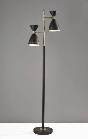 HomeRoots 68" Black and Gold Mid-Century Two-Light Task Floor Lamp - Stylish Cone Shade for Modern Spaces 372899