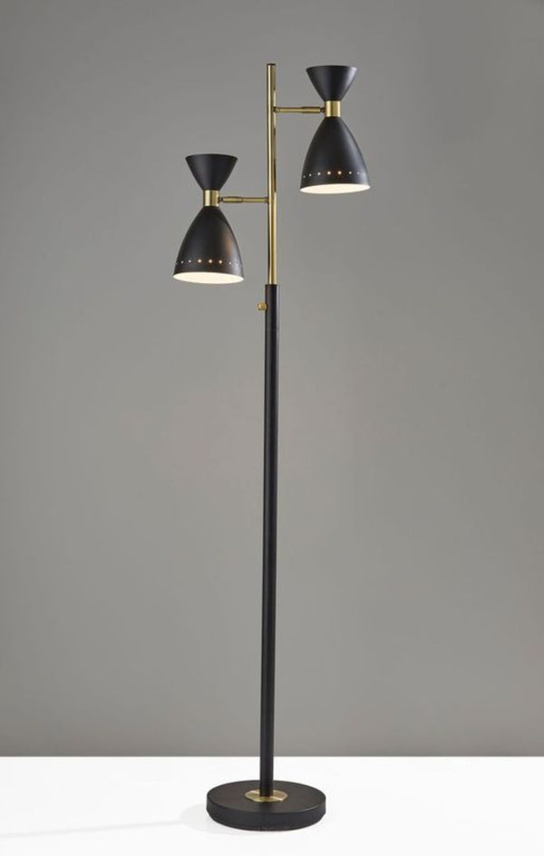 HomeRoots 68" Black and Gold Mid-Century Two-Light Task Floor Lamp - Stylish Cone Shade for Modern Spaces 372899