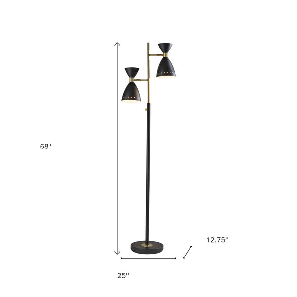 HomeRoots 68" Black and Gold Mid-Century Two-Light Task Floor Lamp - Stylish Cone Shade for Modern Spaces 372899