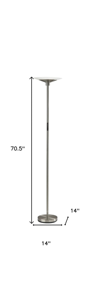 HomeRoots 71" Silver LED Torchiere Floor Lamp - Modern Brushed Steel with Frosted Cone Shade for Ambient Glow 372904