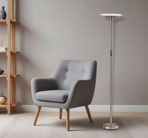 HomeRoots 71" Silver LED Torchiere Floor Lamp - Modern Brushed Steel with Frosted Cone Shade for Ambient Glow 372904