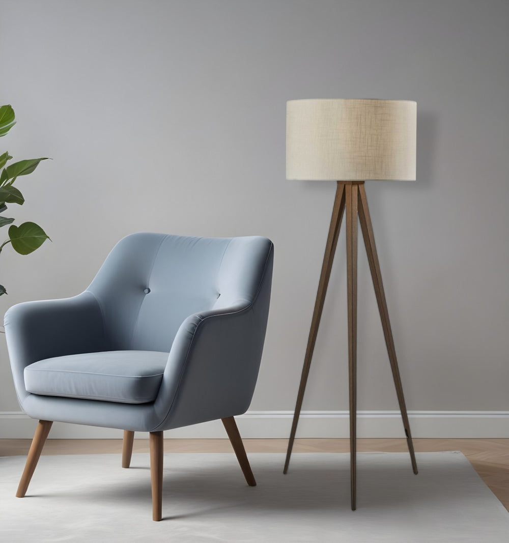 HomeRoots 62" Tripod Floor Lamp - Sleek Modern Design with Fabric Drum Shade for Ambient Home Illumination Walnut 21" X 21" X 60.'25" 372908