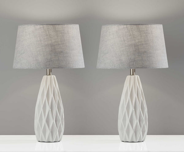 HomeRoots Set of Two Elegant 23" White Ceramic Table Lamps with Gray Drum Shade for Modern Décor & Lighting 372917