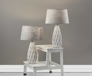 HomeRoots Set of Two Elegant 23" White Ceramic Table Lamps with Gray Drum Shade for Modern Décor & Lighting 372917