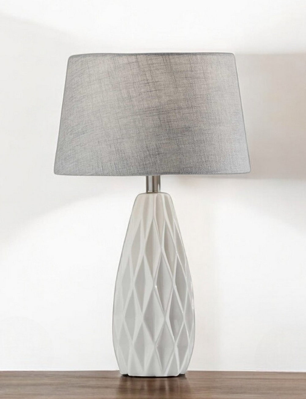 HomeRoots Set of Two Elegant 23" White Ceramic Table Lamps with Gray Drum Shade for Modern Décor & Lighting 372917