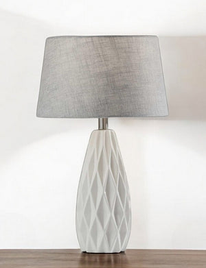 HomeRoots Set of Two Elegant 23" White Ceramic Table Lamps with Gray Drum Shade for Modern Décor & Lighting 372917