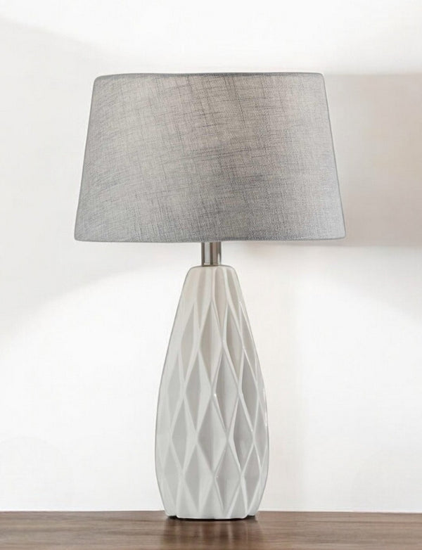 HomeRoots Set of Two Elegant 23" White Ceramic Table Lamps with Gray Drum Shade for Modern Décor & Lighting 372917