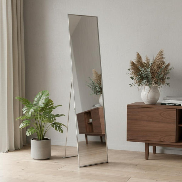 HomeRoots 59" Sleek Silver Metal Cheval Standing Mirror - Full-Length, Modern Design for Stylish Spaces 372953