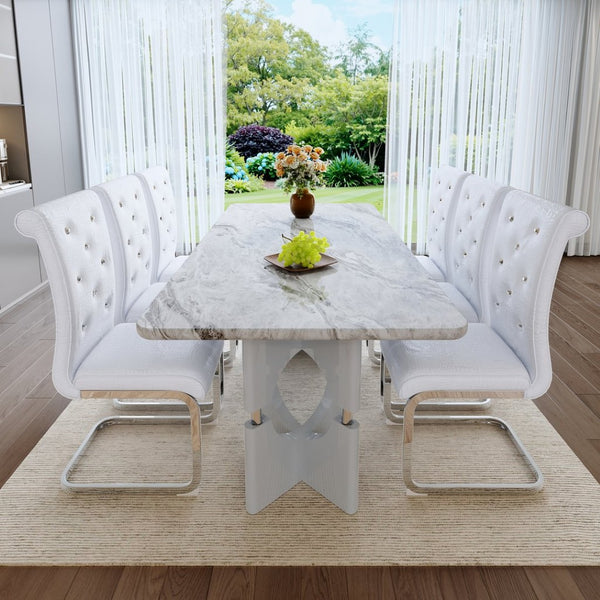 English Elm Modern White Faux Marble 7 Piece Dining Set Tufted Pvc Chairs for Kitchen Grey,White W3875S00058