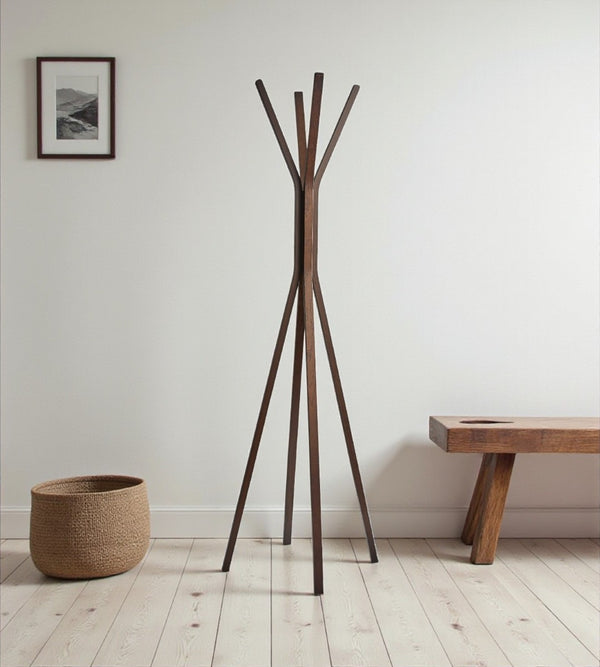 HomeRoots 68" Modern Wood Coat Tree Rack - Space-Saving Design for Entryways, Offices & Scandinavian Decor Walnut 372979