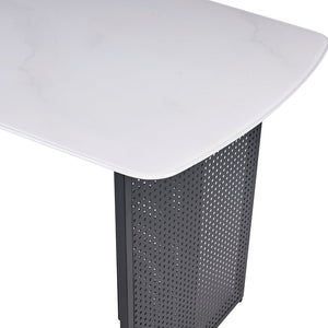 English Elm Modern-style Marble Glass Dining Table Seats Six with Sleek Black Metal Legs W5123P397511