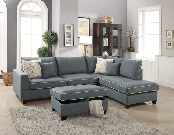 English Elm Beautiful 3-pcs Sectional Sofa with Reversible Chaise and Storage Ottoman Plush Summer Hues Comfort Steel Gray 76 L x 35 W x 16 H B011S01054