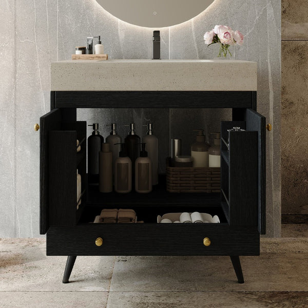 English Elm Contemporary Freestanding Bathroom Vanity Sintered Stone Top Ceramic Sink Floating Cabinet W3136S00061