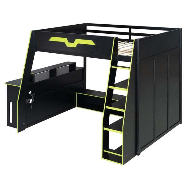 English Elm Full Size Wood Loft Bed with Rgb Lighting Desk and Multi-tier Shelves for Gaming Green LT000374AAG