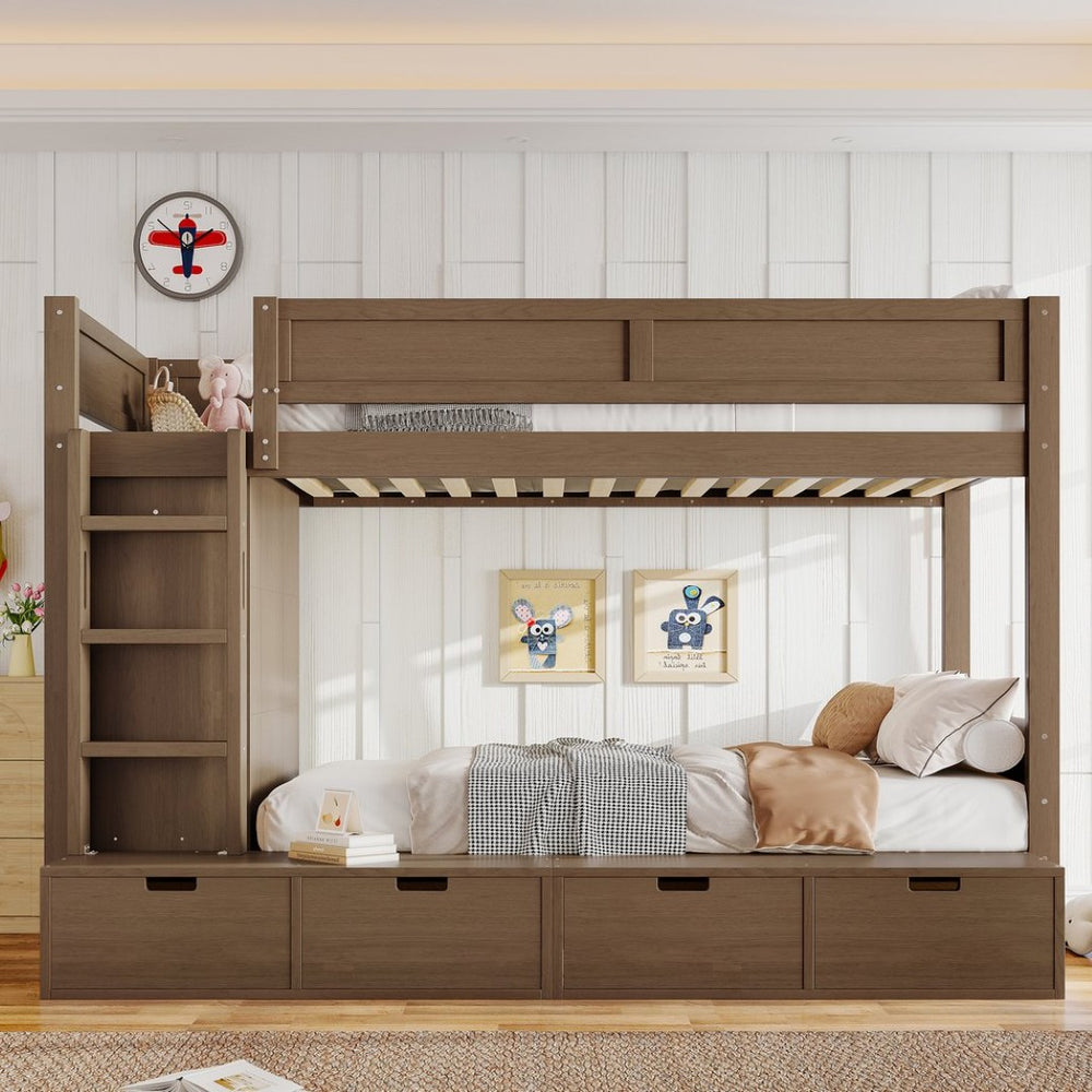 English Elm Twin Triple Bunk Bed Metal L-shaped Frame Sleeps Three Kids White Finish Brown W1580S00644