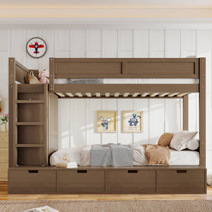 English Elm Twin Triple Bunk Bed Metal L-shaped Frame Sleeps Three Kids White Finish Brown W1580S00644