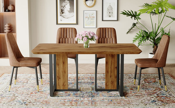 English Elm Table And Chair Set - Modern 67" Wood-Textured Mdf Dining Table With 4 Cozy Brown Suede Chairs W1151S01949-GIGA