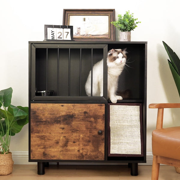 English Elm Cat Feeding Station with Lockable Storage Scratching Board and Elevated Steel Bowls W1687P232351