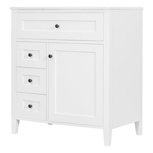 English Elm 30-Inch Contemporary Bathroom Vanity with Sink, MDF & Rubberwood, Glossy Finish, 3 Drawers + Cabinet White N725P350819K